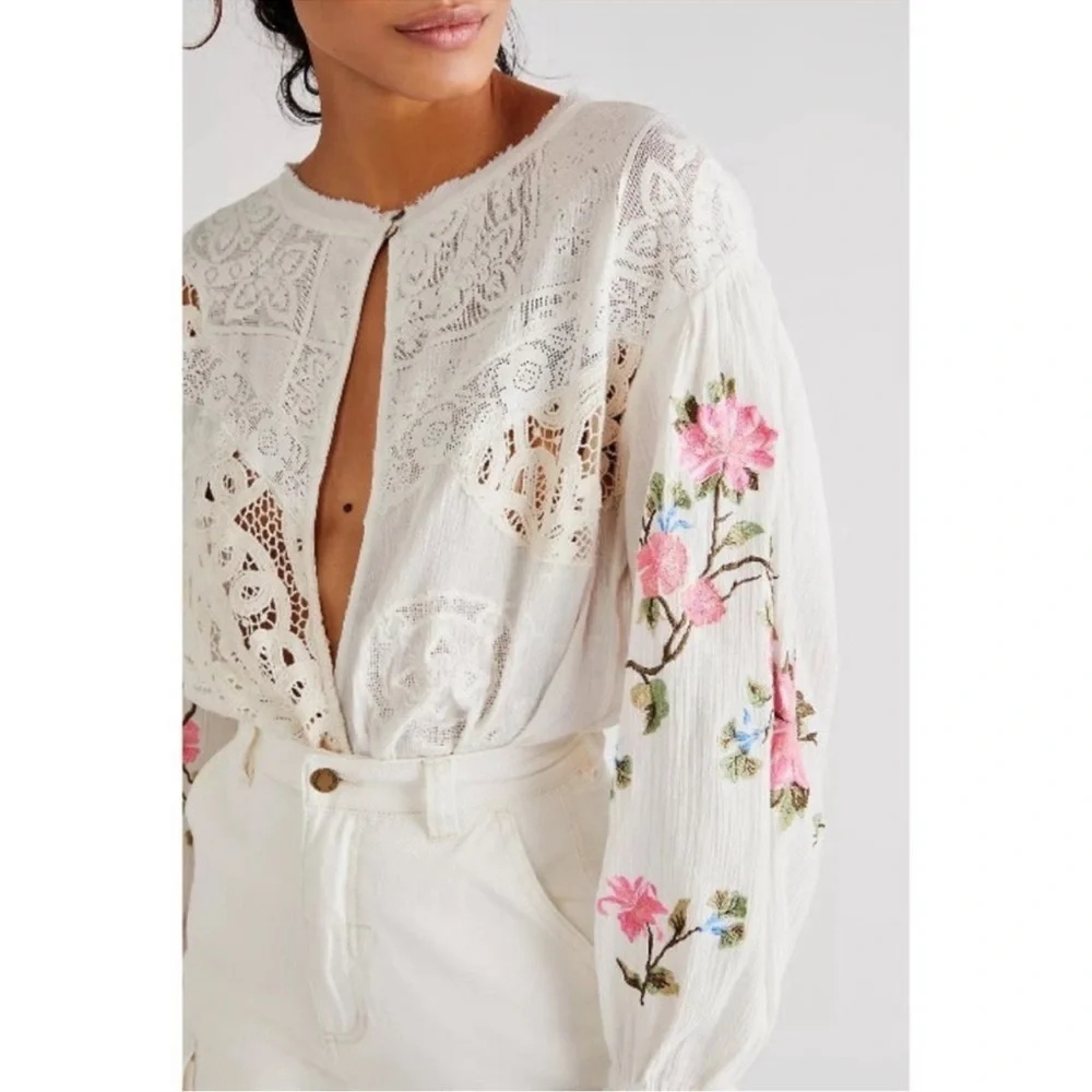 NWOT Free People Making Harmony Embroidered Cotton Long Sleeve Bodysuit XS